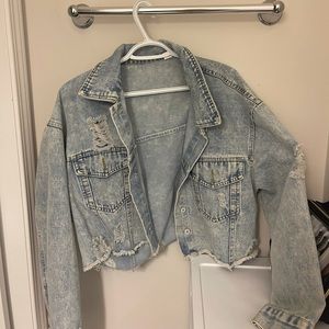 Distressed Button-front Cropped Denim Jacket